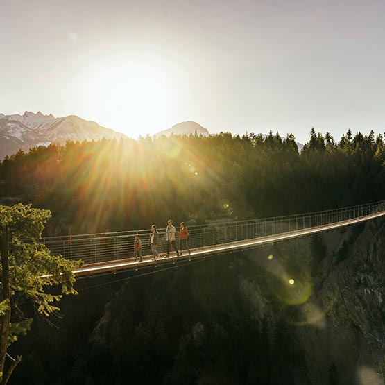 A family walks on a long suspension bridge high above a valley.