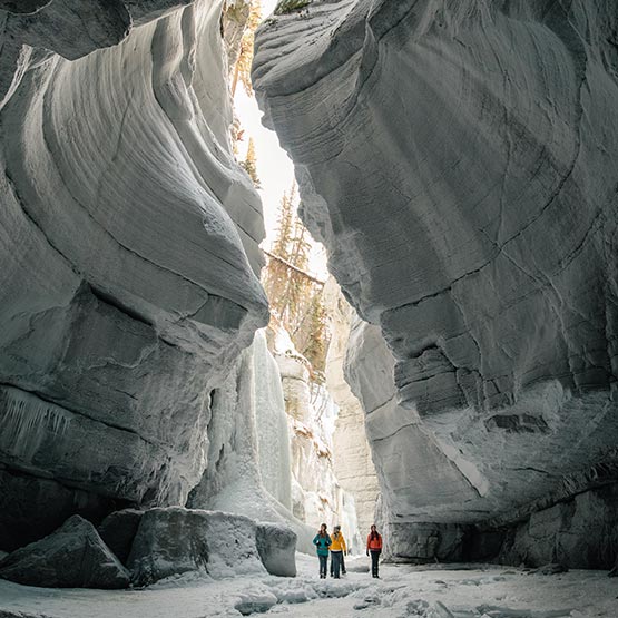 A group of people walk on the icy floor a deep canyon.