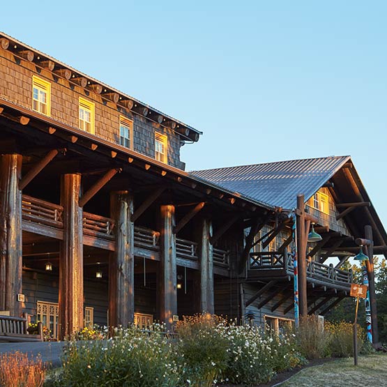 Exterior of Glacier Park Lodge in the summer.